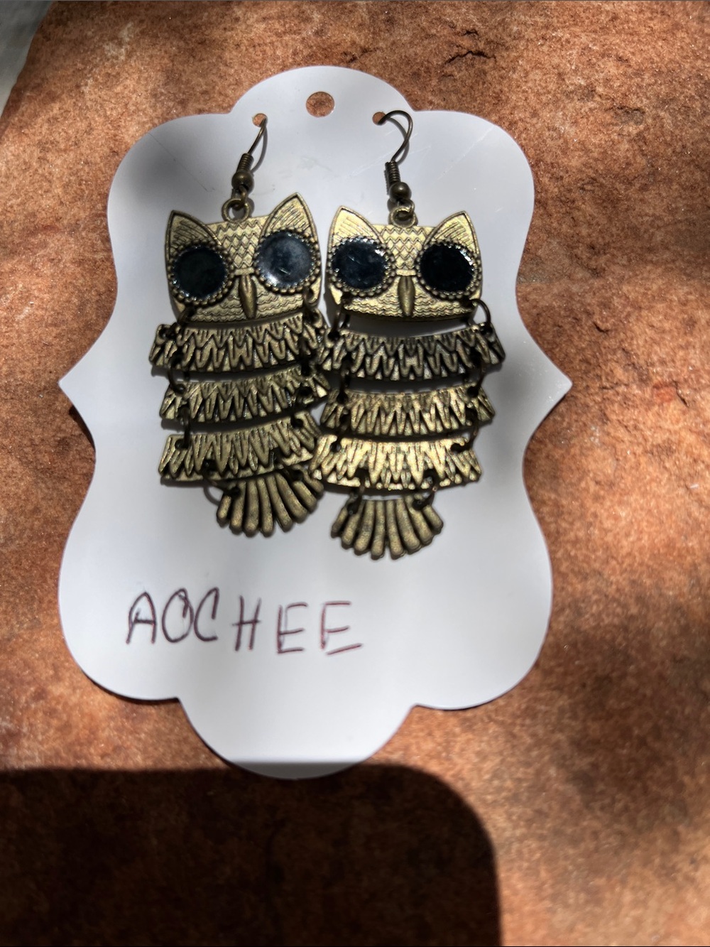 Gold Owl Dangle Earrings with Black Accents
